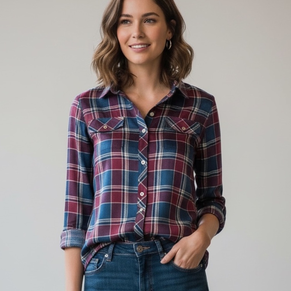 Jones New York Burgundy and Teal Plaid Button-Down Shirt Size L